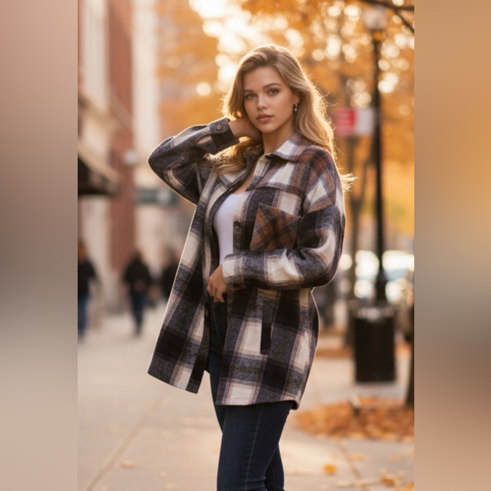 Zenana Outfitters Plaid Utility Jacket - Black, White, Brown